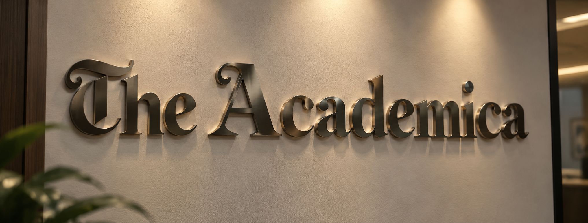 The Academica masthead displayed in metal lettering on an interior wall